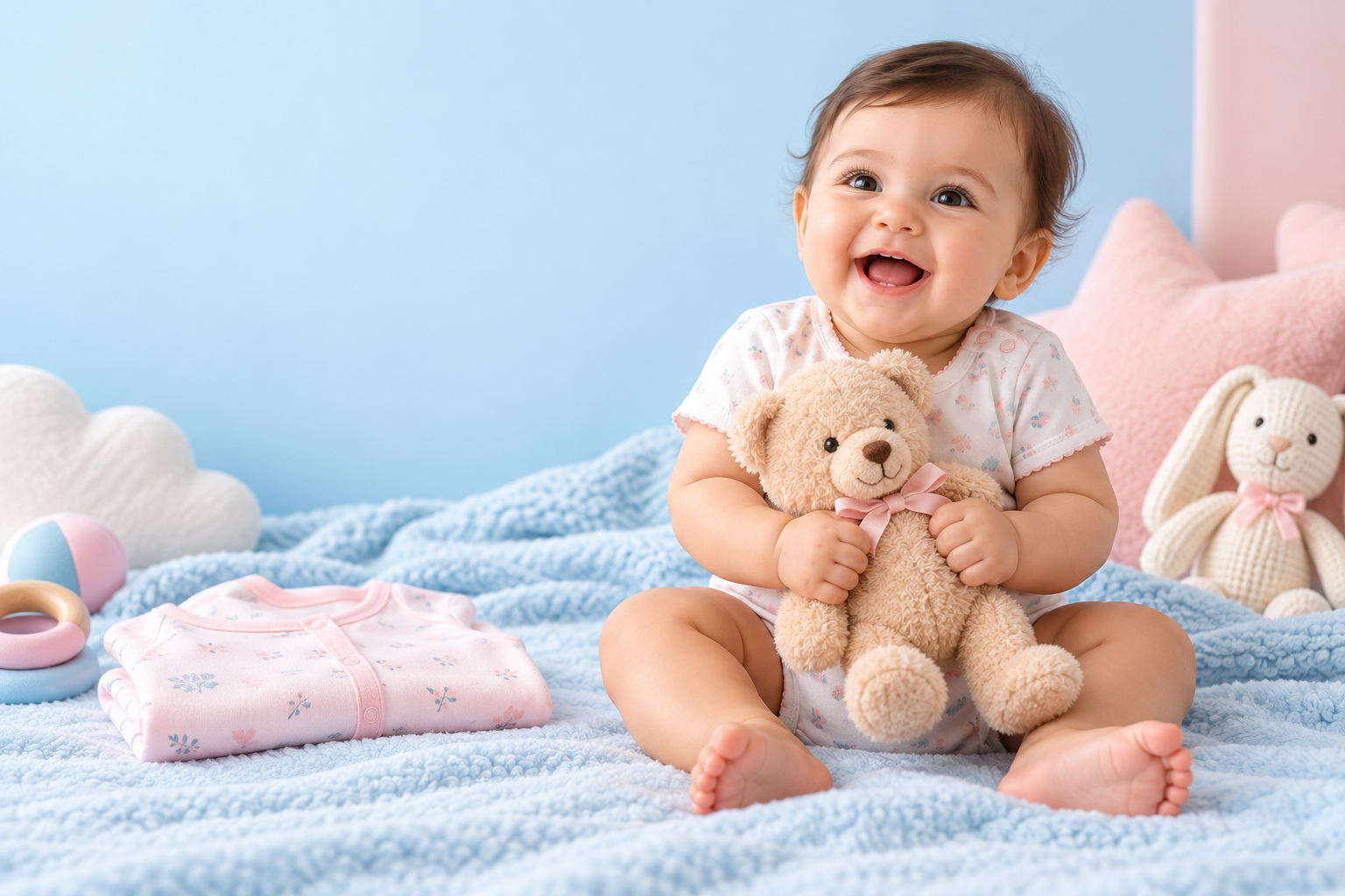 Bebé sonriente junto a un osito de peluche